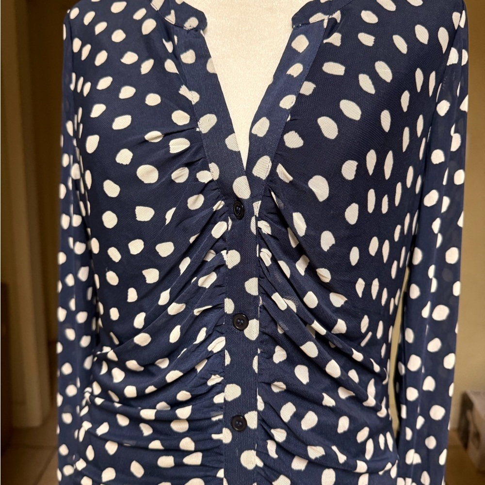 Madison + Hudson Navy Polka Dot Ruched Sheer Sleeve Dress Size Small - Picture 2 of 6